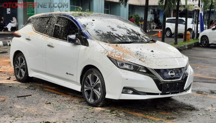 Kondisi Nissan Leaf setelah diselamatkan dari reruntuhan pohon