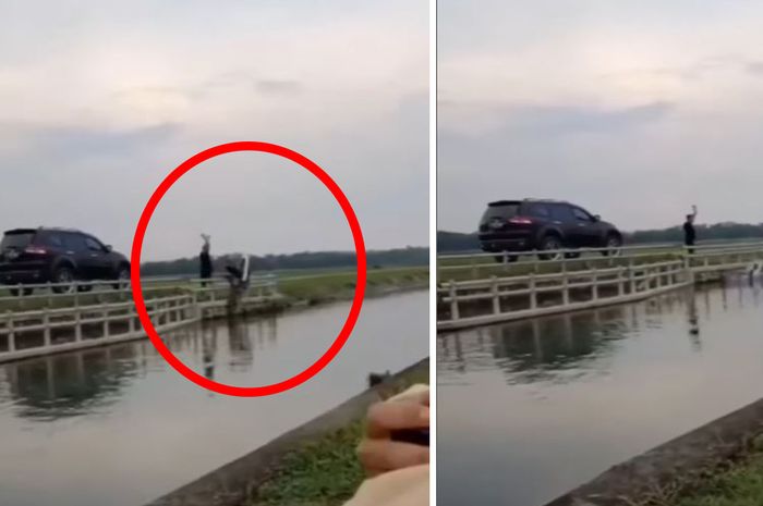 tangkap layar video pengemudi Pajero mendorong Yamaha Vega ke sungai karena menghalangi jalan