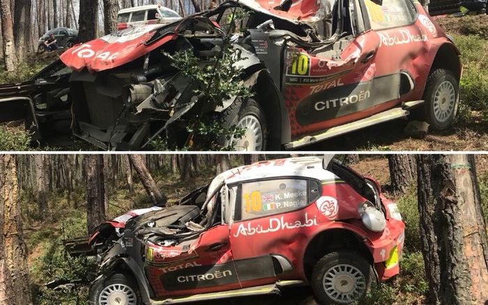 Mobil Citroen C3 milik Kris Meeke hancur pada bagian depannya di reli Portugal