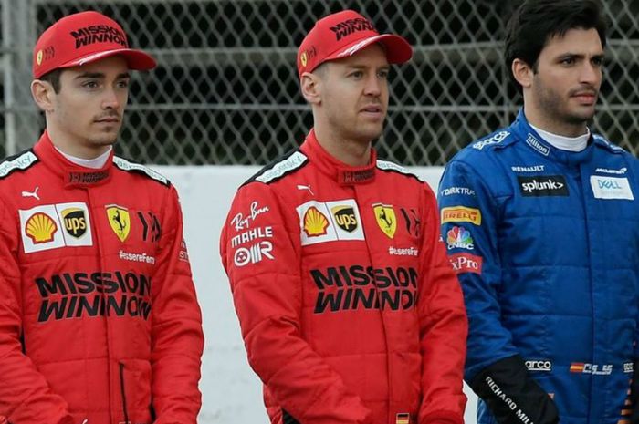 Pembalap tim Ferrari, Charles Leclerc dan Sebastian Vettel, serta pembalap tim McLaren Carlos Sainz pengganti Vettel tahun 2021