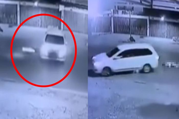 tangkap layar mobil putih yang mendadak putar arah menyebabkan pengendara motor terjungkal dan melindas korban