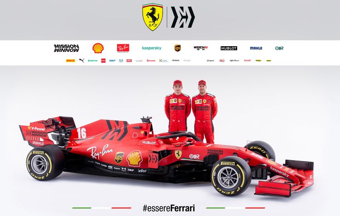 Pembalap tim Ferrari, Sebastian Vettel dan Charles Leclerc dengan mobil F1 2020 yang bernama Ferrari SF1000