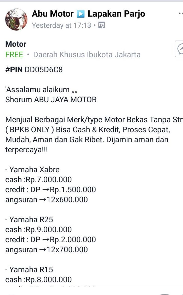 Screensoot Facebook Abu Jaya Motor