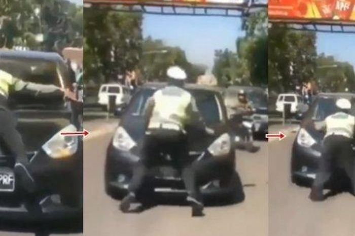 Polisi diseret Daihatsu Sirion hitam hingga nemplok di kap