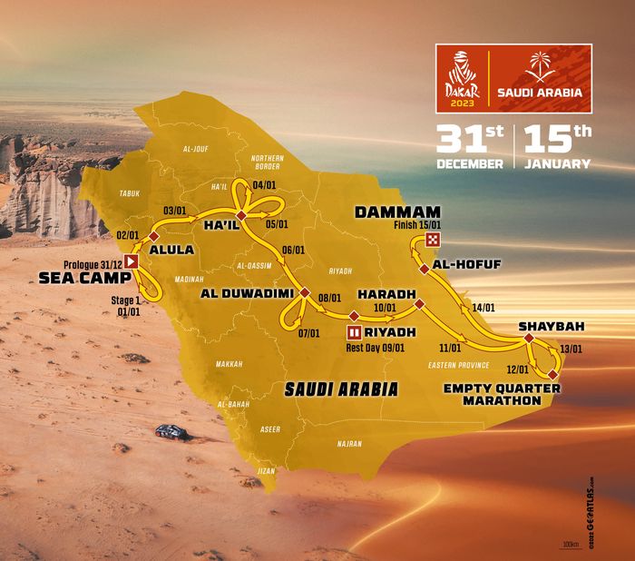 Rute Reli Dakar 2023 yang berlangsung di Arab Saudi dari 31 Desember 2022 hingga 15 Januari 2023