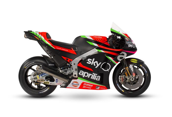 Motor baru Aprilia, RS-GP 2019, didominasi warna Hitam, dengan sedikit sentuhan Merah, Hijau, dan Kuning