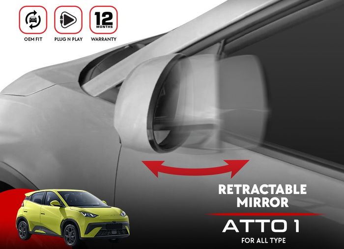 Retractable Mirror Otoproject, memungkinkan spion BYD Atto 1 terlipat secara otomatis dengan mudah.