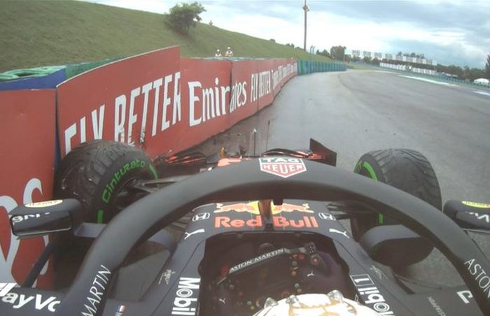 Max Verstappen yang tergelincir saat melakukan lap pemanasan sebelum balapan F1 Hongaria 2020 dimulai