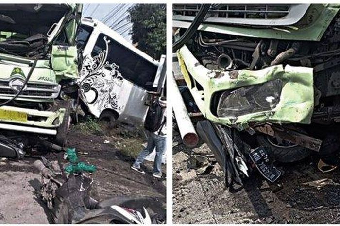 Kondisi truk yang menghajra bus dan tiga motor