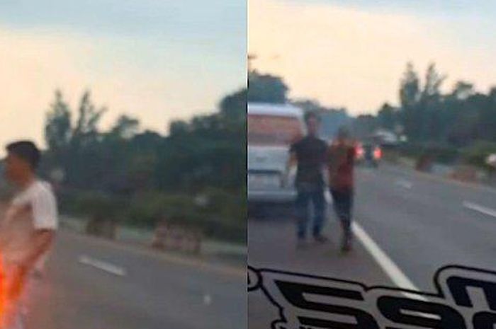 Keributan berujung penodongan pistol oleh sopir Daihatsu Gran Max berstiker Lalamove nopol B 2850 UFZ ke pengemudi lain di KM 95 tol Cipularang, Jawa Barat