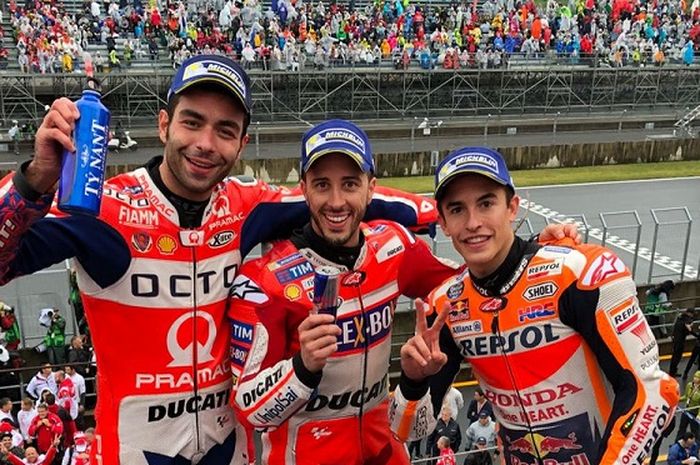 Danilo Petrucci, Andrea Dovizioso, dan Marc Marquez naik podium di MotoGP Jepang 2017