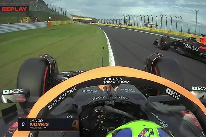 Lando Norris harus lewat rumput untuk menghindari tabrakan dengan Max Verstappen pada kualifikasi