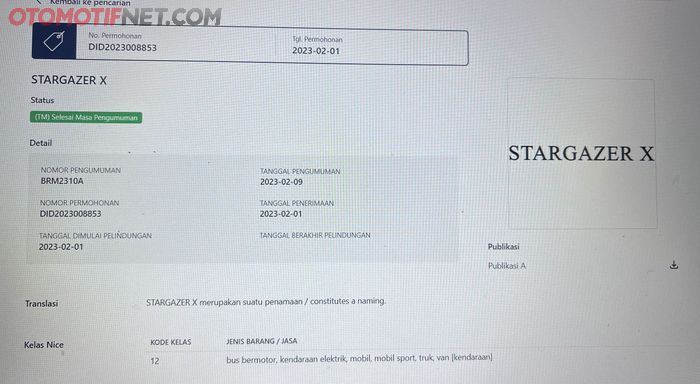 Tangkapan layar dari laman https://pdki-indonesia.dgip.go.id/, Stargazer X didaftarkan Hyundai Motor Company