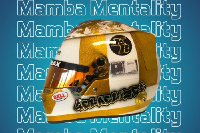 Livery helm baru Sean Gelael untuk balap F2 2020, dengan tema tribute to Gianna dan Kobe Bryant