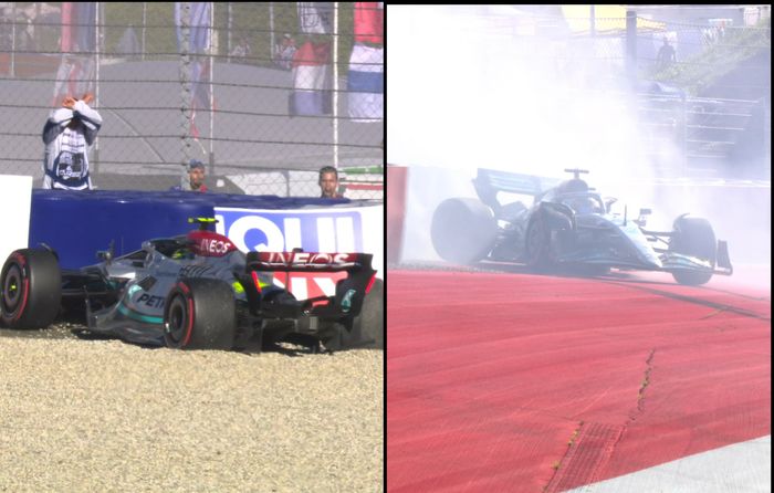  setelah Lewis Hamilton menabrak dinding di Tikungan 7, sementara George Russell (Mercedes) melintir di TIkungan terakhir