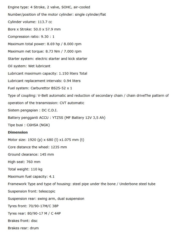 Data spesifikasi Yamaha Lexam