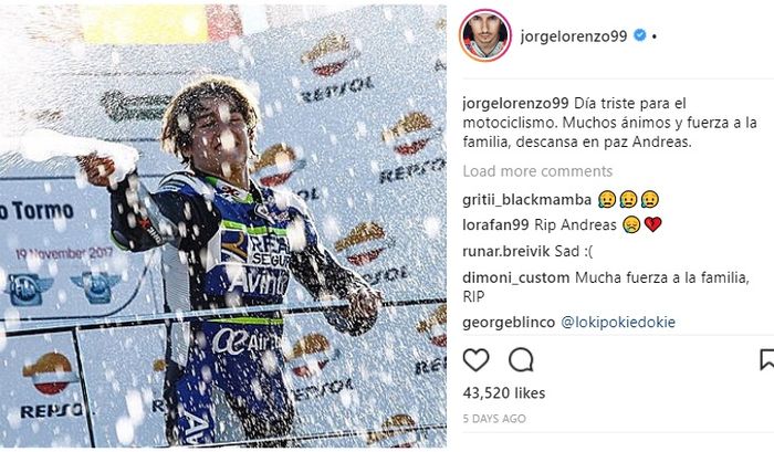 Ucapan Jorge Lorenzo untuk Andreas Perez di Instagramnya