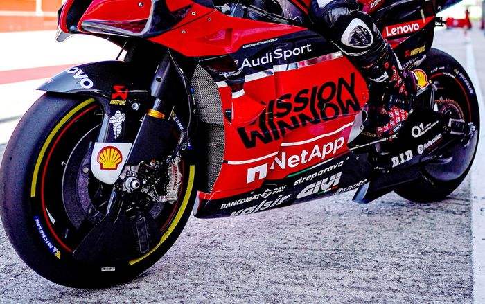 Penampakan garpu roda depan Ducati Desmosedici GP20 saat tes di sirkuit Misano