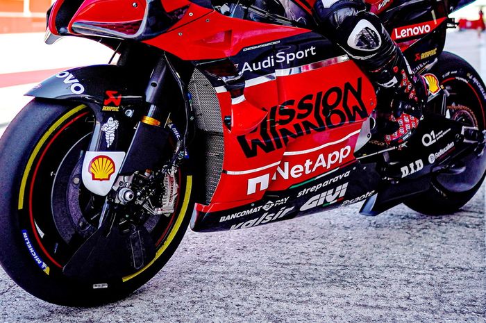 Penampakan garpu roda depan Ducati Desmosedici GP20 saat tes di sirkuit Misano