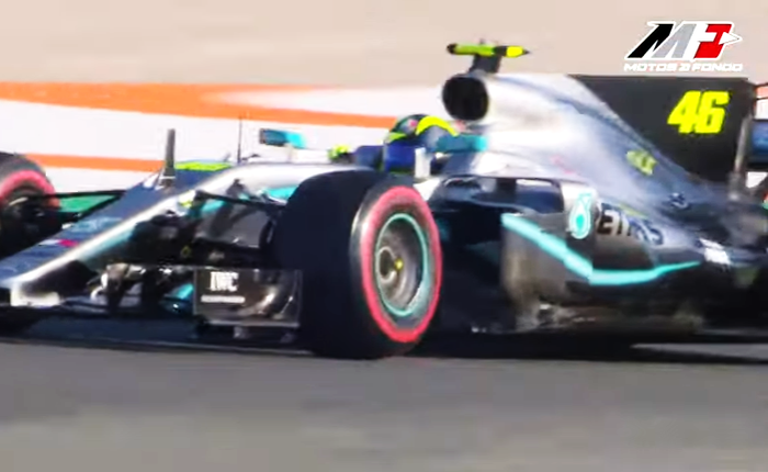 Valentino Rossi mengemudikan mobil F1 tim Mercedes bernomor #46 di sirkuit Ricardo Tormo, Valencia