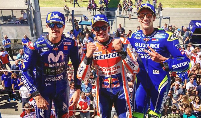 Maverick Vinales, Marc Marquez, dan Alex Rins di podium MotoGP Belanda 2018