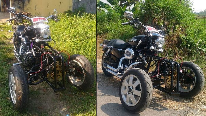 Harley-Davidson Sportster yang dijadikan reverse trike, dengan dua roda berada di depan