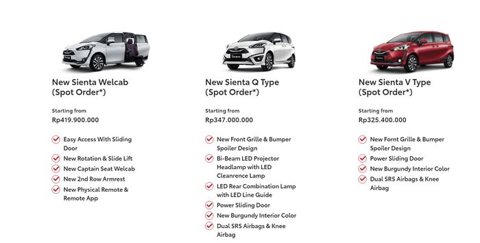 Toyota Sienta dijual secara spot order yang ditampilkan dalam situs resmi PT Toyota Astra Motor (TAM).