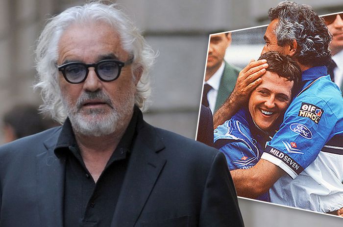 Mantan manajer tim Benetton dan Renault, Flavio Briatore. Foto inset: saat merayakan sukses bersama Michael Schumacher