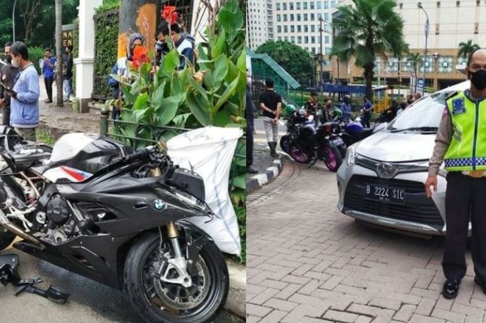 kecelakaan BMW S1000RR dan Toyota Calya di Senayan, Minggu (1/5/2022).