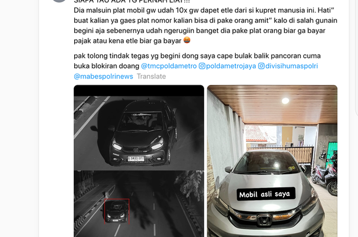 Pemilik Honda Brio adukan pelat nomor mobilnya dipalsukan orang lain, sampai 10 kali kena tilang elektronik salah alamat