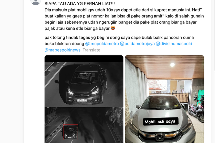 Pemilik Honda Brio adukan pelat nomor mobilnya dipalsukan orang lain, sampai 10 kali kena tilang elektronik salah alamat