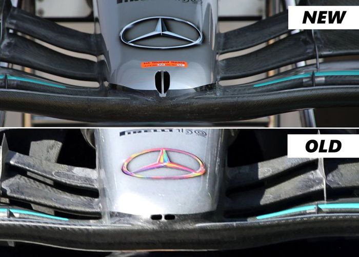 Perbedaan desain hidung mobil Mercedes W13 yang baru untuk di F1 Prancis 2022 dan desain pada balapan sebelumnya