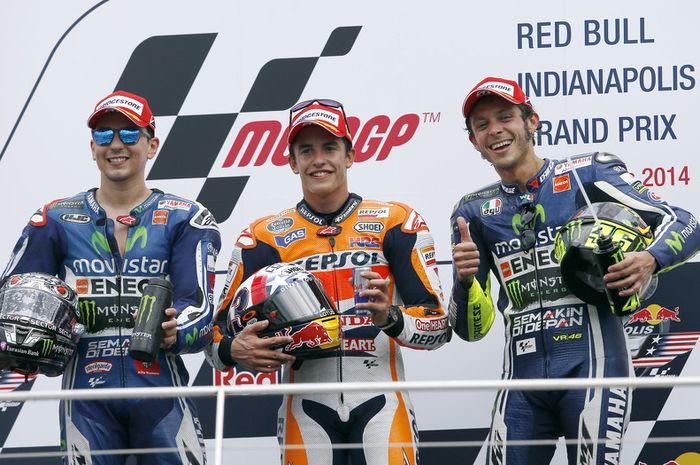 Jorge Lorenzo, Marc Marquez dan Valentino Rossi di podium MotoGP Indianapolis 2014