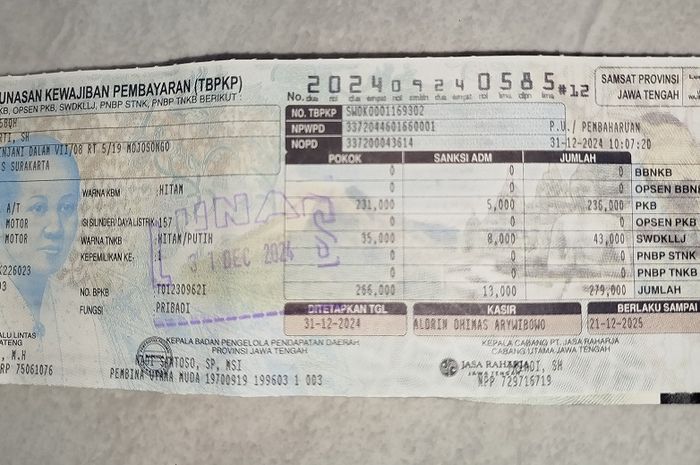 Kolom opsen PKB dan BBNKB sudah bertambah di kolom pajak STNK kendaraan bermotor