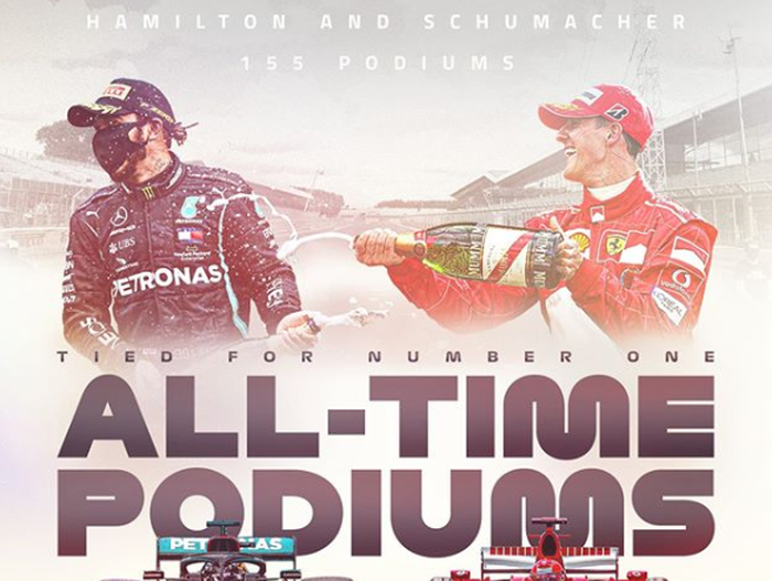 Lewis Hamilton menyamakan rekornya dengan Michael Schumacher setelah kembali meraih podium pada F1 70th Anniversary