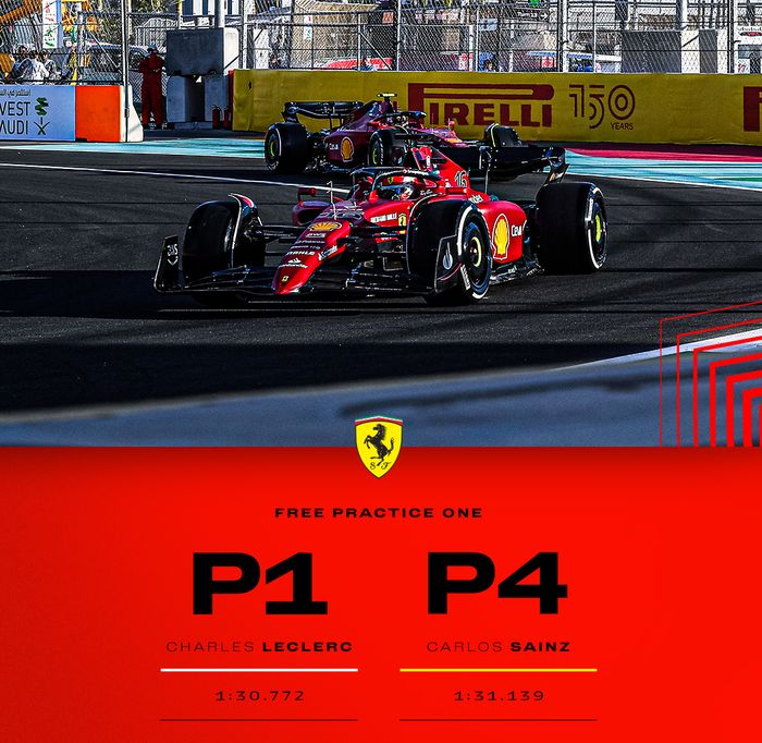 Pembalap Ferrari menempati posisi 1 dan 4 dalam sesi latihan bebas pertama (FP1) F1 Arab Saudi 2022, Jumat (25/3)