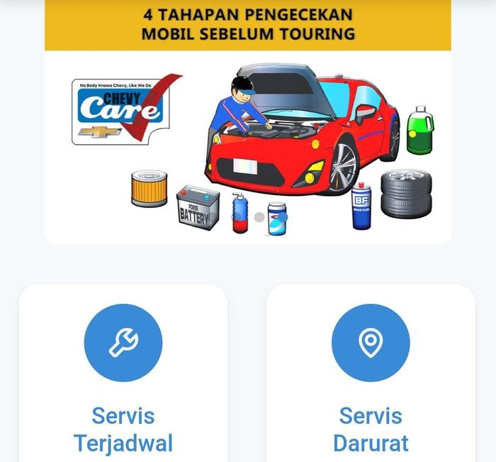 Menu pada aplikasi Chevy Care