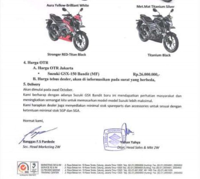 Harga jual GSX-150 Bandit bocor.