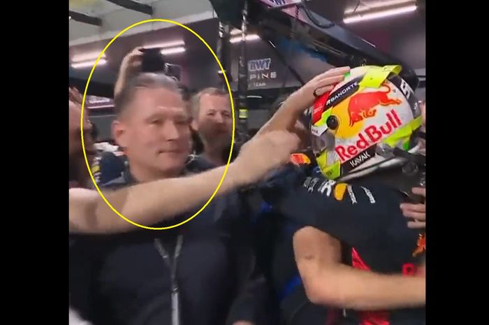 Ekspresi Jos Verstappen, ayah Max Verstappen, saat Sergio Perez merayakan kemenangannya di F1 Arab Saudi 2023