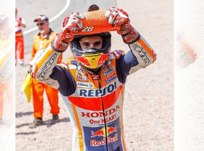 Marc Marquez lakukan selebrasi setelah menang di MotoGP Jerman 2018