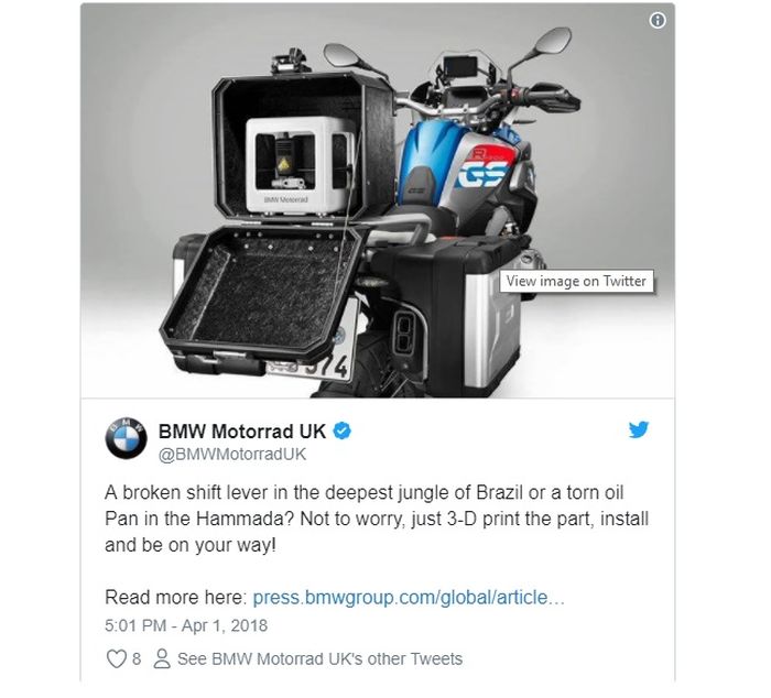 BMW lengkapi R1200GS-nya dengan 3D printer
