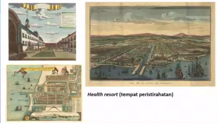 Ilustrasi kota Batavia dan tempat peristirahatan di Puncak era penjajahan Belanda
