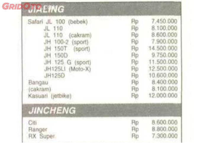 Daftar harga mocin