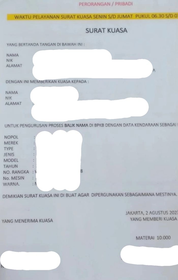 Ilustrasi surat kuasa balik nama kendaraan